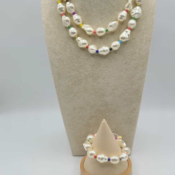 J Crew Set of Large Baroque Faux Pearl Double Strand Necklace Bracelet NWT@ - Picture 1 of 11